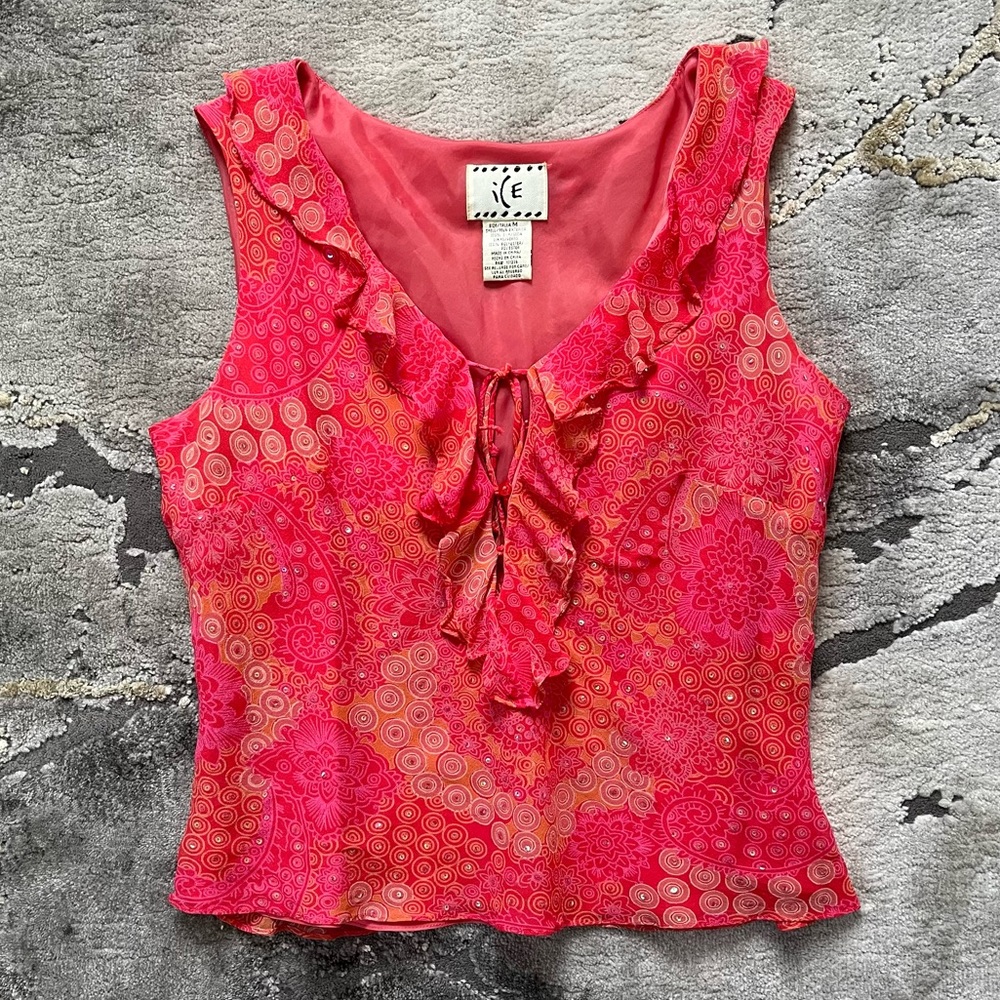 Vintage Ice y2k pink & orange floral print ruffle silk tank top 🌺